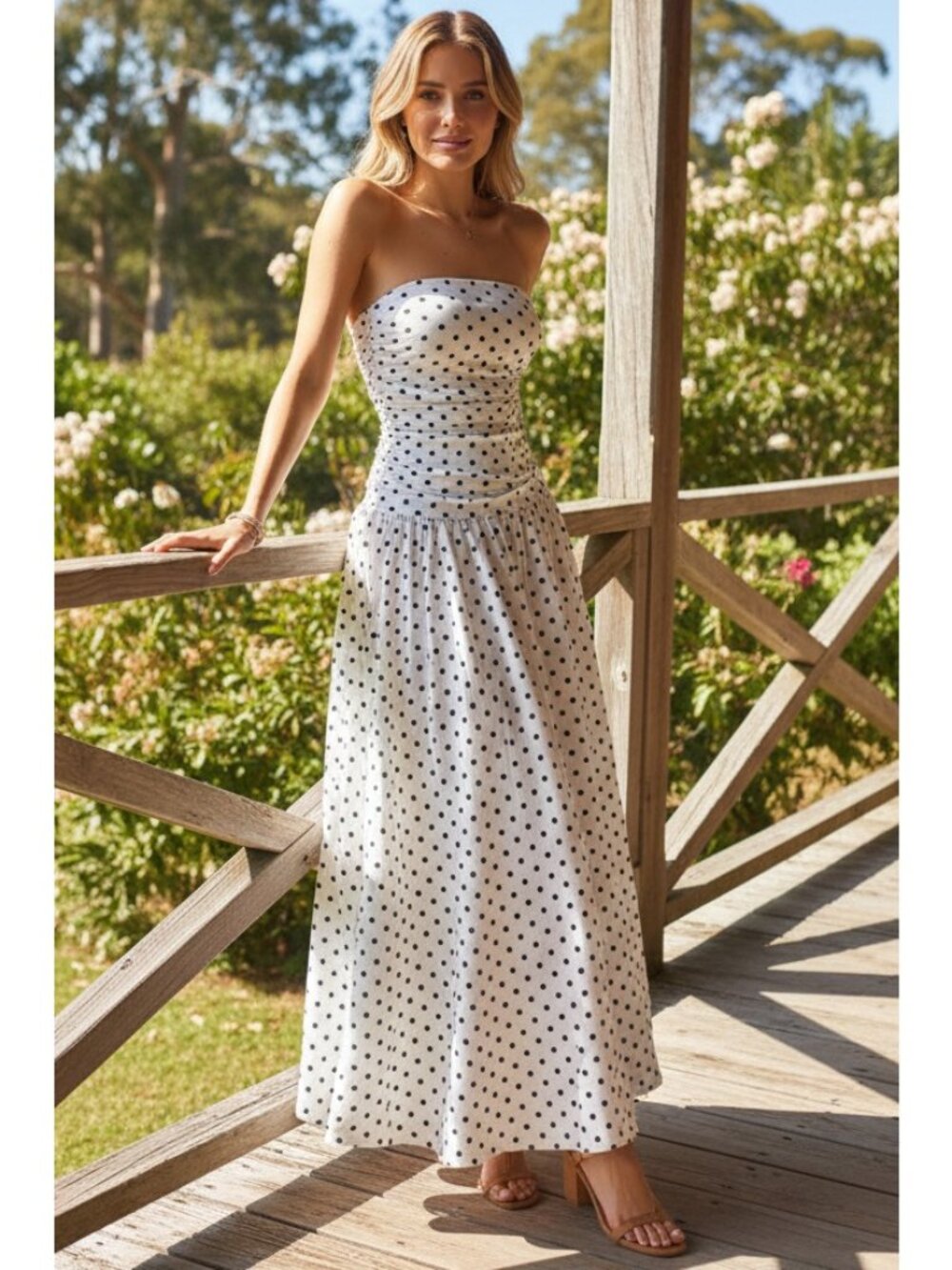 Retro Polka Dot Bandeau Strapless Ruched Drop Waist Fit & Flare Maxi Dress